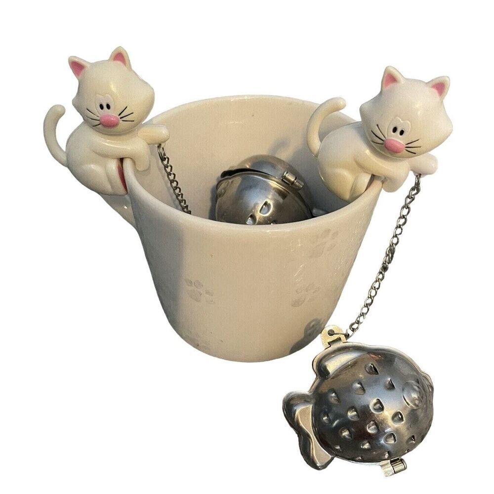 Joie & Spodeman Tea Mug Cup Set Meow Kitty Cat Infuser Tea Strainer Novelty Gift